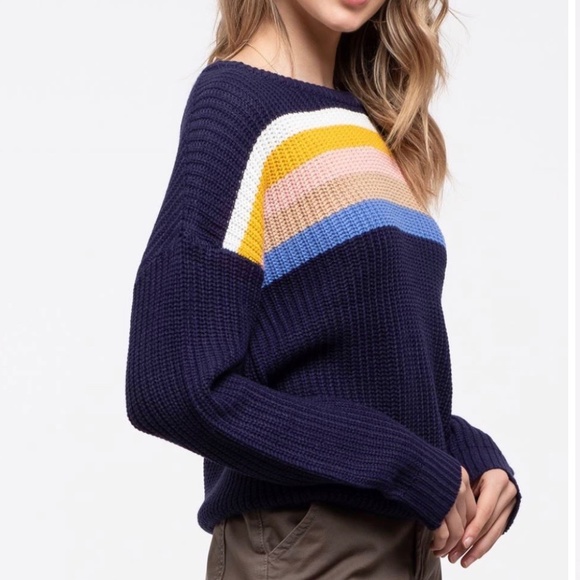 NWT Navy Rainbow Striped Crewneck Sweater - Picture 2 of 3